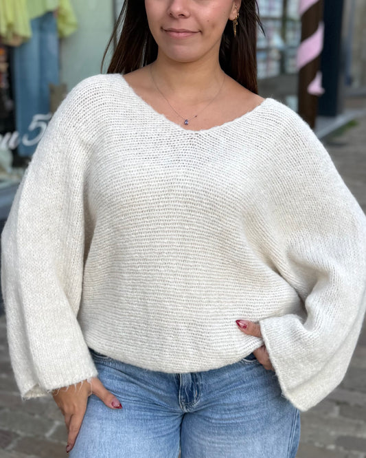 Pull chauve souris col V écru 34 à 44