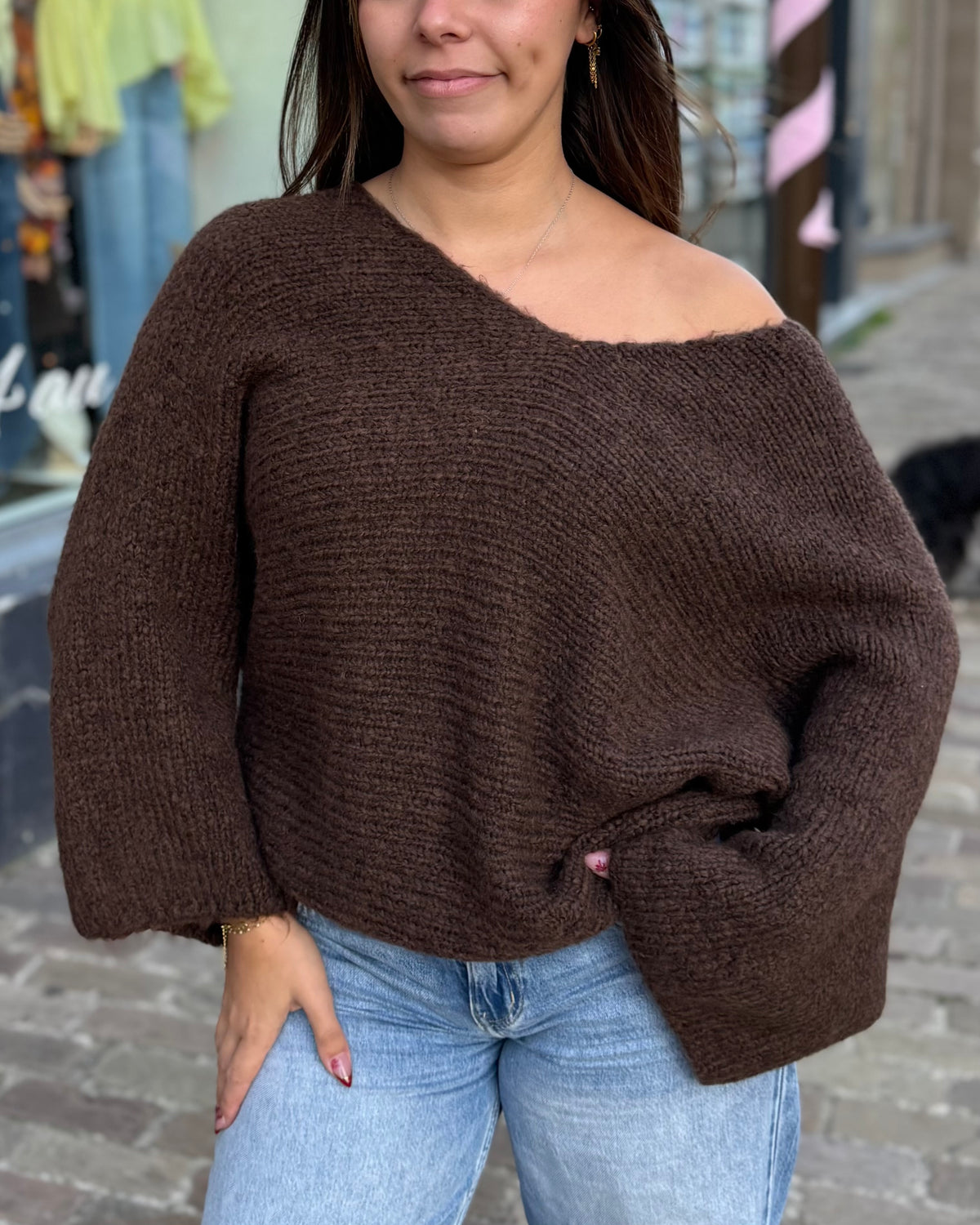 Pull chauve souris col V marron 34 à 44