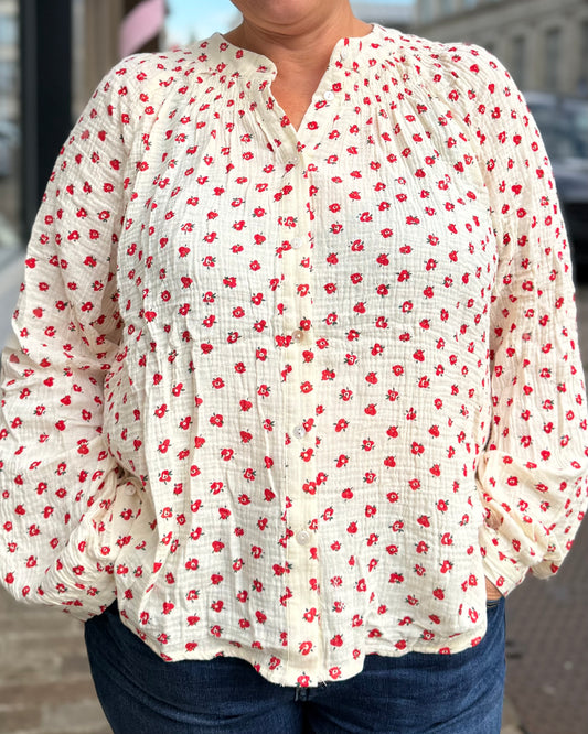 Chemise gaze de coton fleurs rouge ❤️
