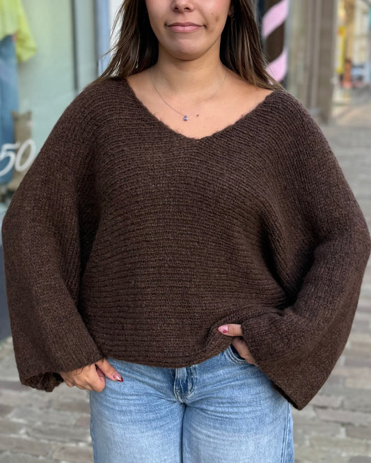 Pull chauve souris col V marron 34 à 44