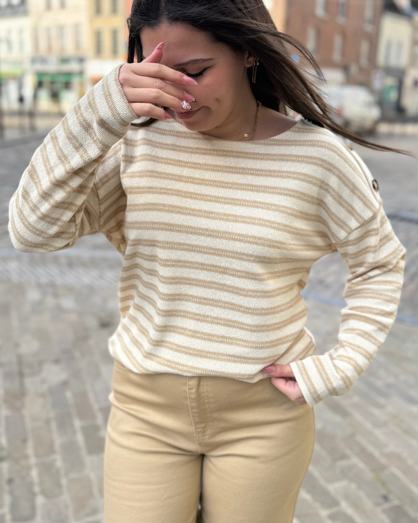 Pull rayures beige