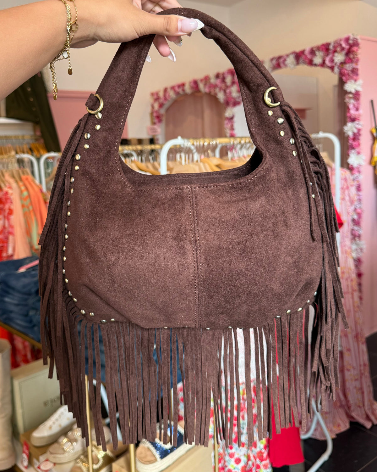 Sac marron foncé femme en suédine avec longues franges
