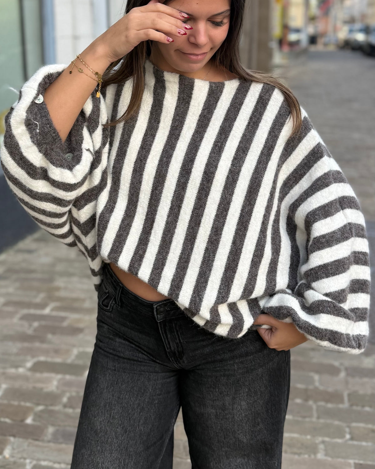 Pull oversize chauve souris rayures taupe 36 à 50