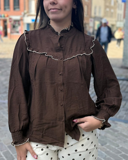 Chemise marron détails brodé écru