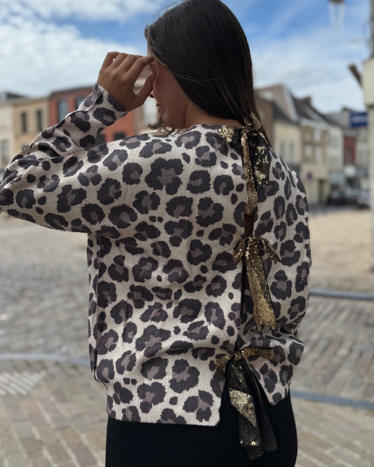 Pull léopard femme marron et doré avec nœud en sequins