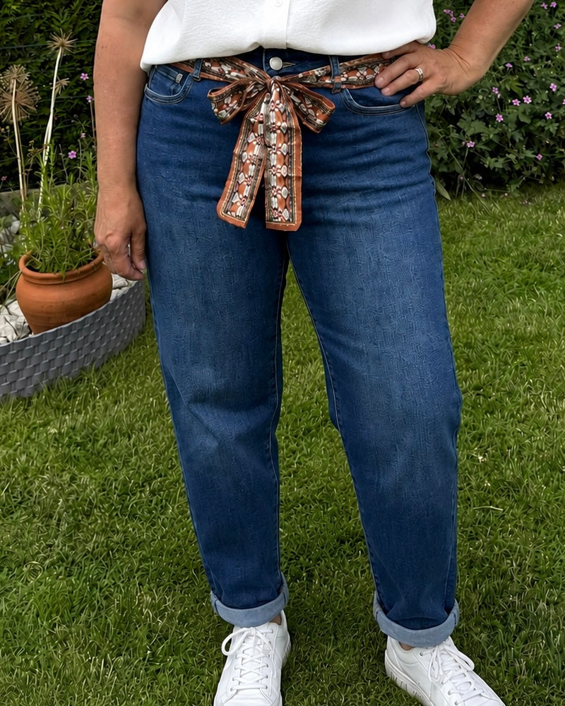 Jean mom ceinture satin