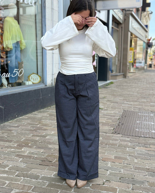 Pantalon marine fluide vichy