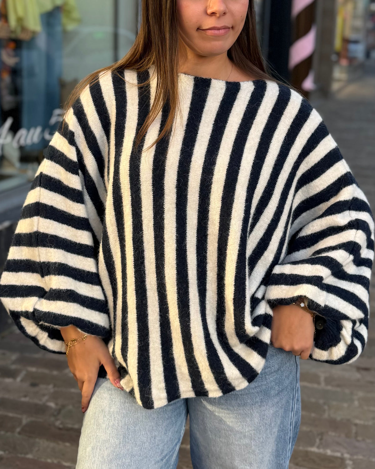 Pull oversize chauve souris rayures bleu 36 à 50