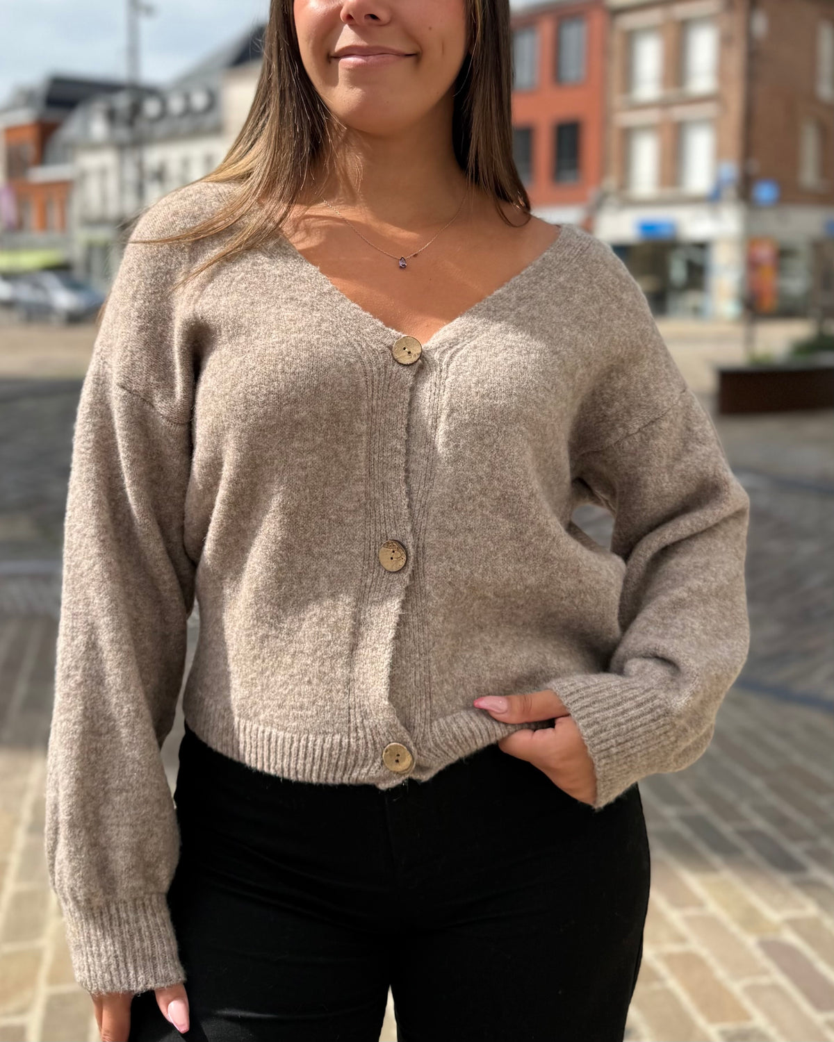 Gilet taupe boutons bois