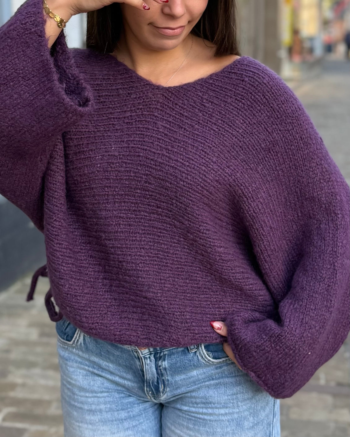 Pull chauve souris col V violet 34 à 44