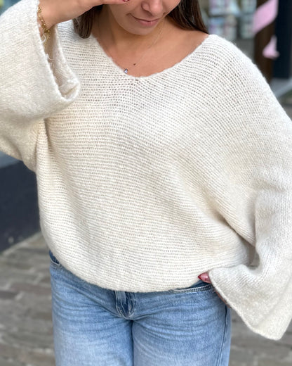Pull chauve souris col V écru 34 à 44