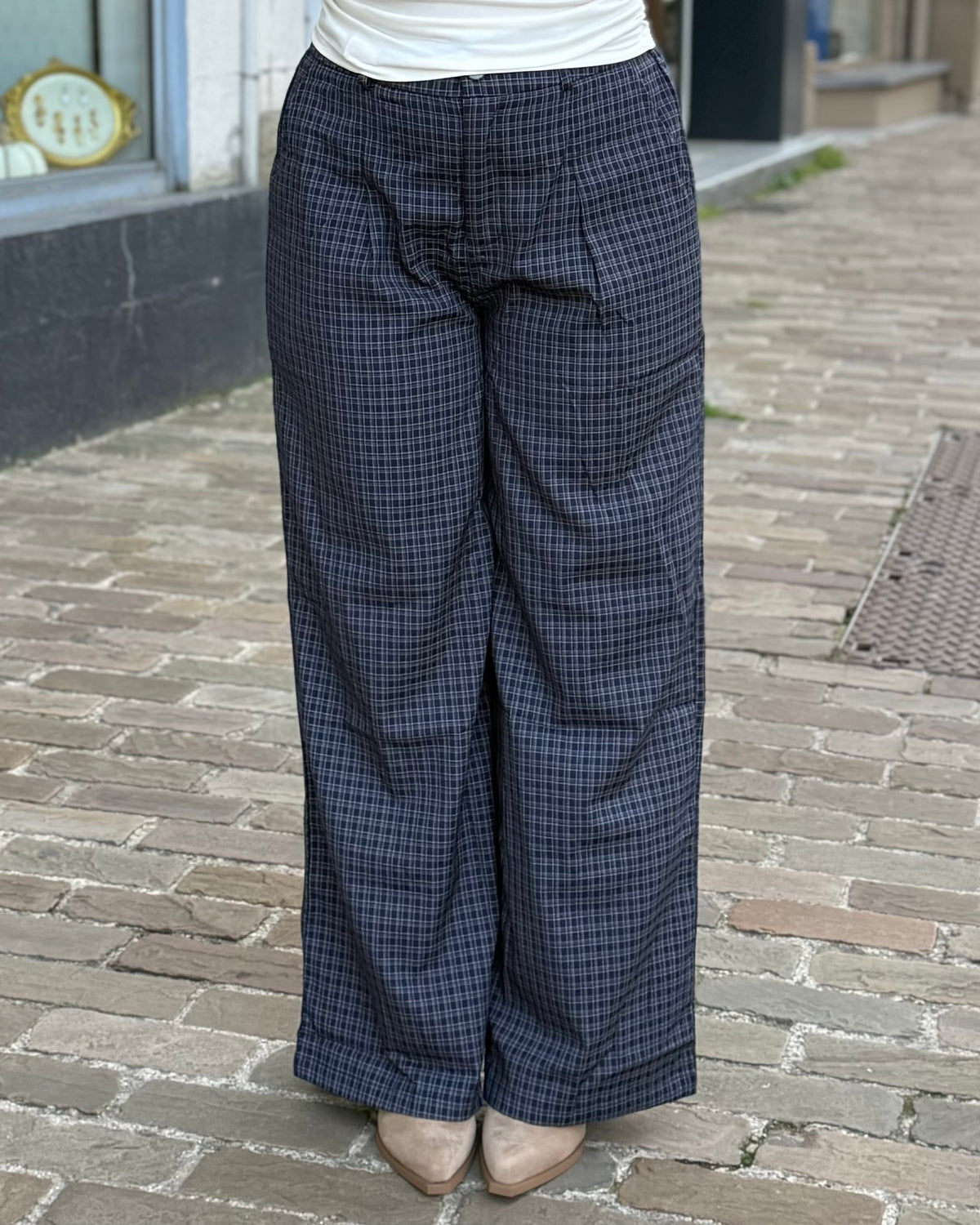 Pantalon marine fluide vichy