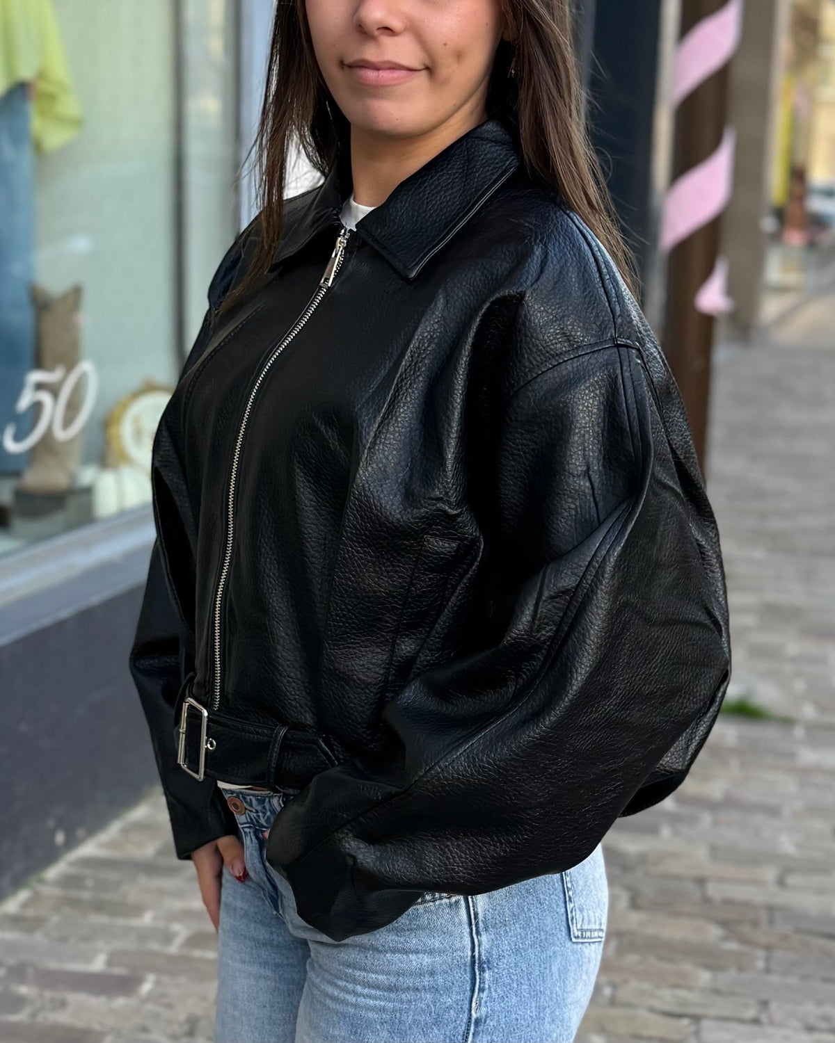 Bomber en simili cuir noir