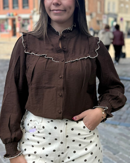 Chemise marron détails brodé écru