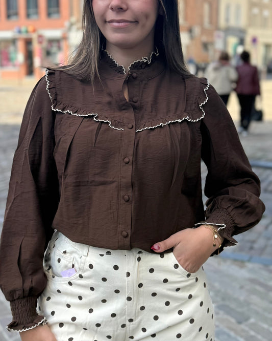 Chemise marron détails brodé écru