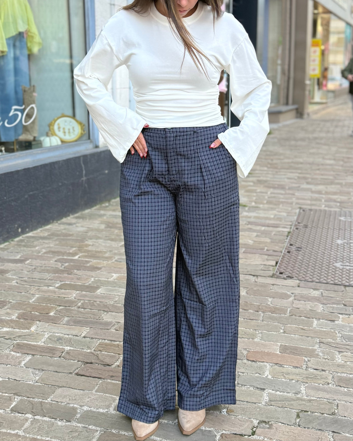 Pantalon marine fluide vichy