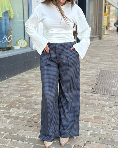 Pantalon marine fluide vichy