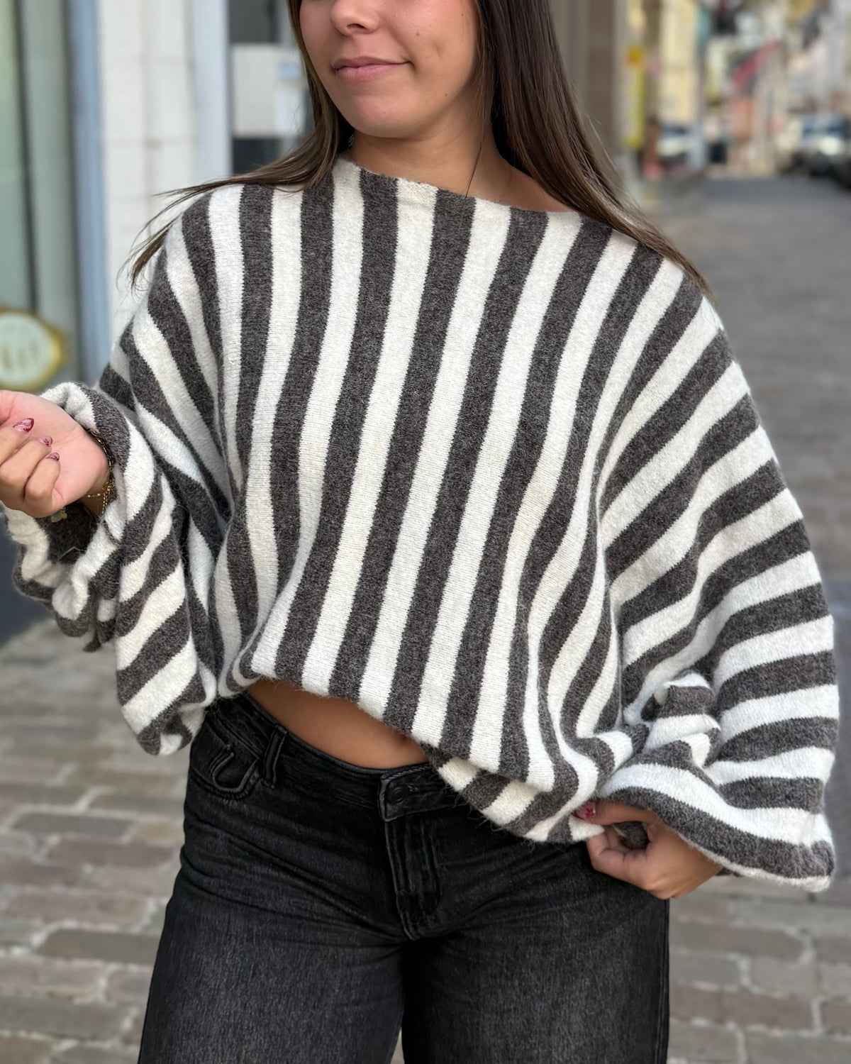 Pull oversize chauve souris rayures taupe 36 à 50