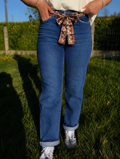 Jean mom ceinture satin