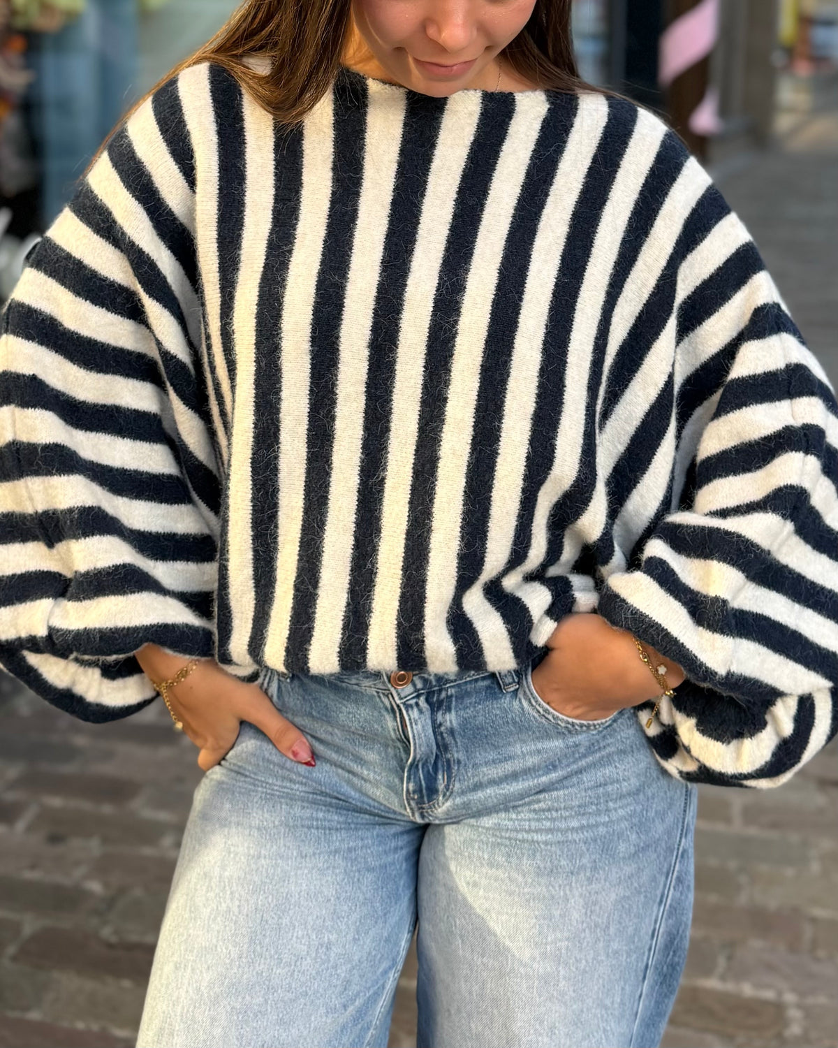 Pull oversize chauve souris rayures bleu 36 à 50