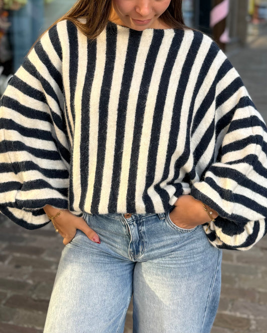 Pull oversize chauve souris rayures bleu 36 à 50