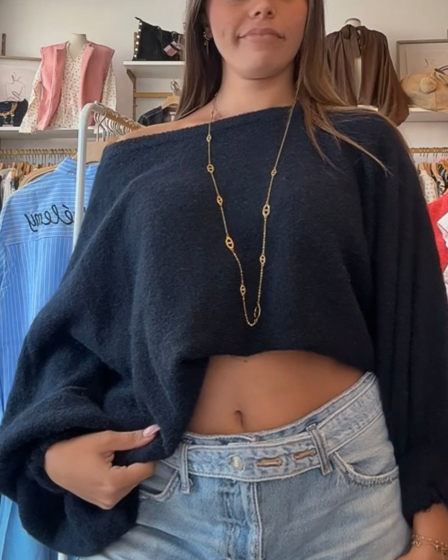 Pull bleu marine femme à épaule dénudée