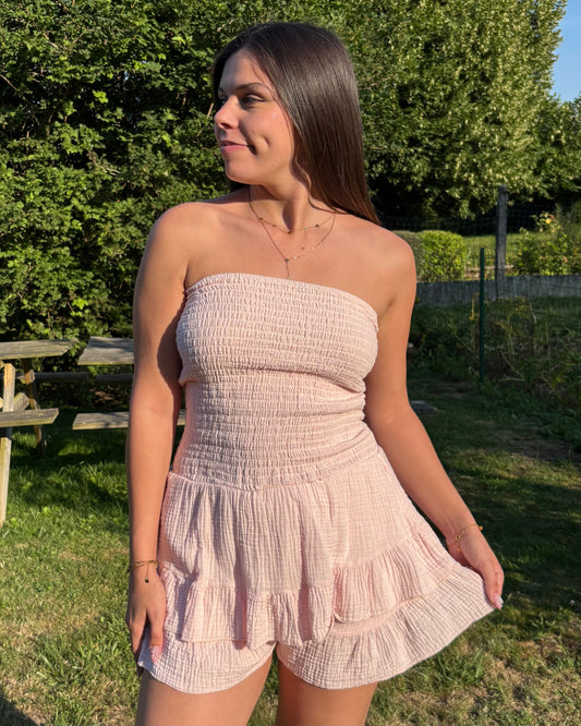 Combi jupe short Camélia rose