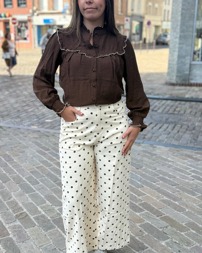 Chemise marron détails brodé écru