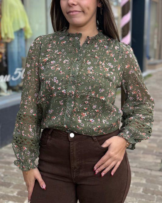 Chemise fleurie vert kaki