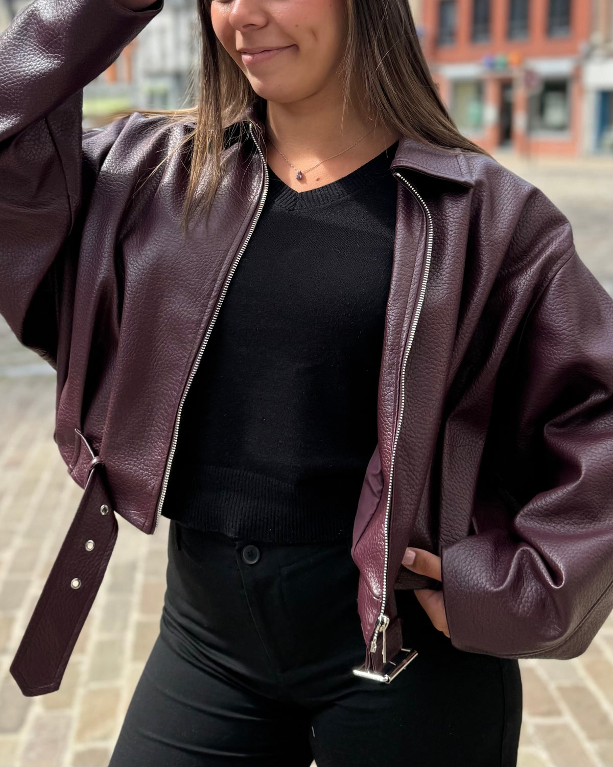 Bomber femme en simili cuir bordeaux coupe oversize