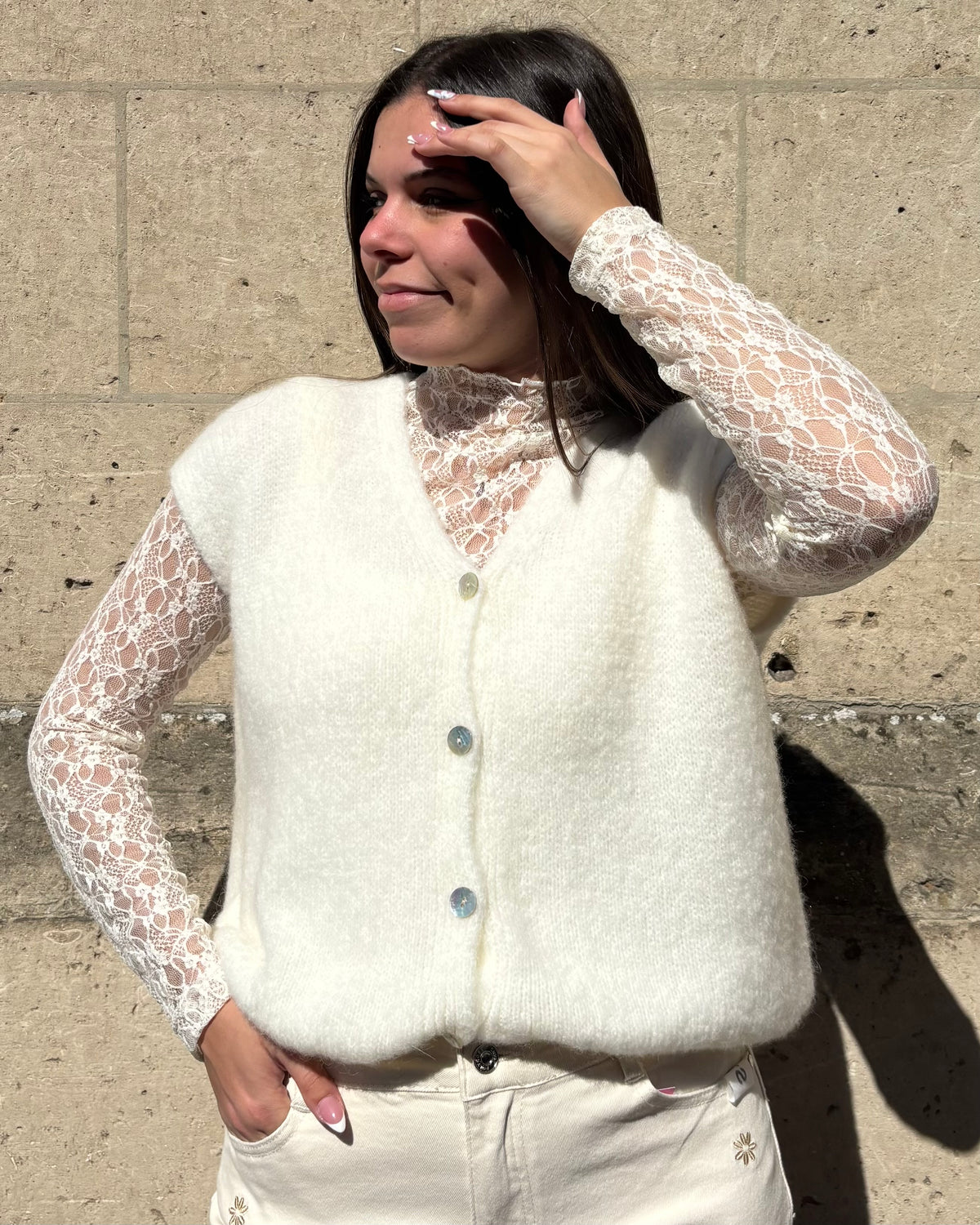 Gilet blanc sans manches en alpaga femme