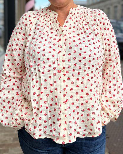 Chemise gaze de coton fleurs rouge ❤️