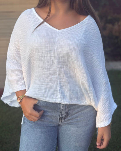 Haut chauve souris gaze de coton blanc