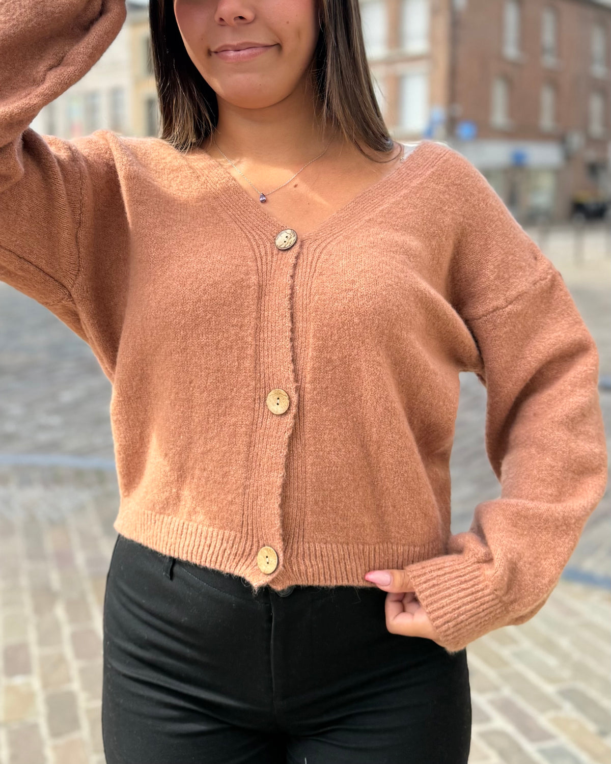 Gilet rouille boutons bois