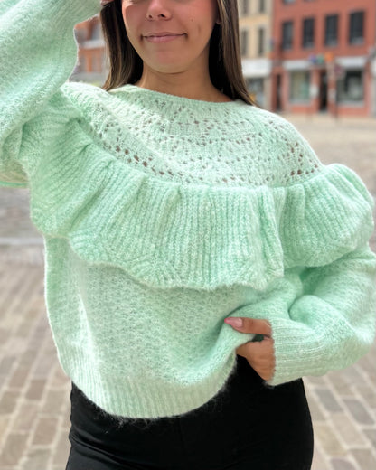 Pull turquoise avec volants