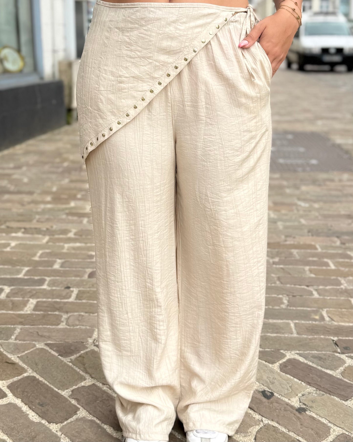 Pantalon fluide avec bandeau beige