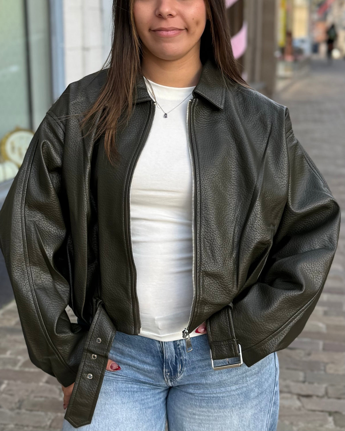 Bomber en simili cuir kaki