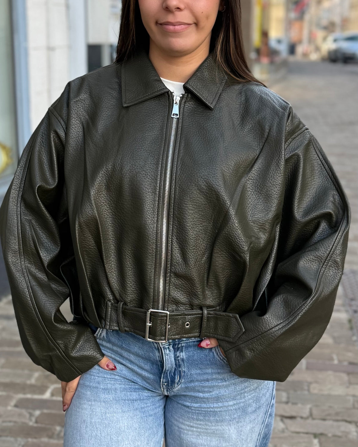 Bomber en simili cuir kaki