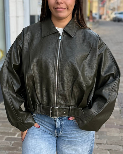 Bomber en simili cuir kaki