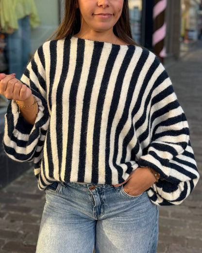 Pull oversize chauve souris rayures bleu 36 à 50
