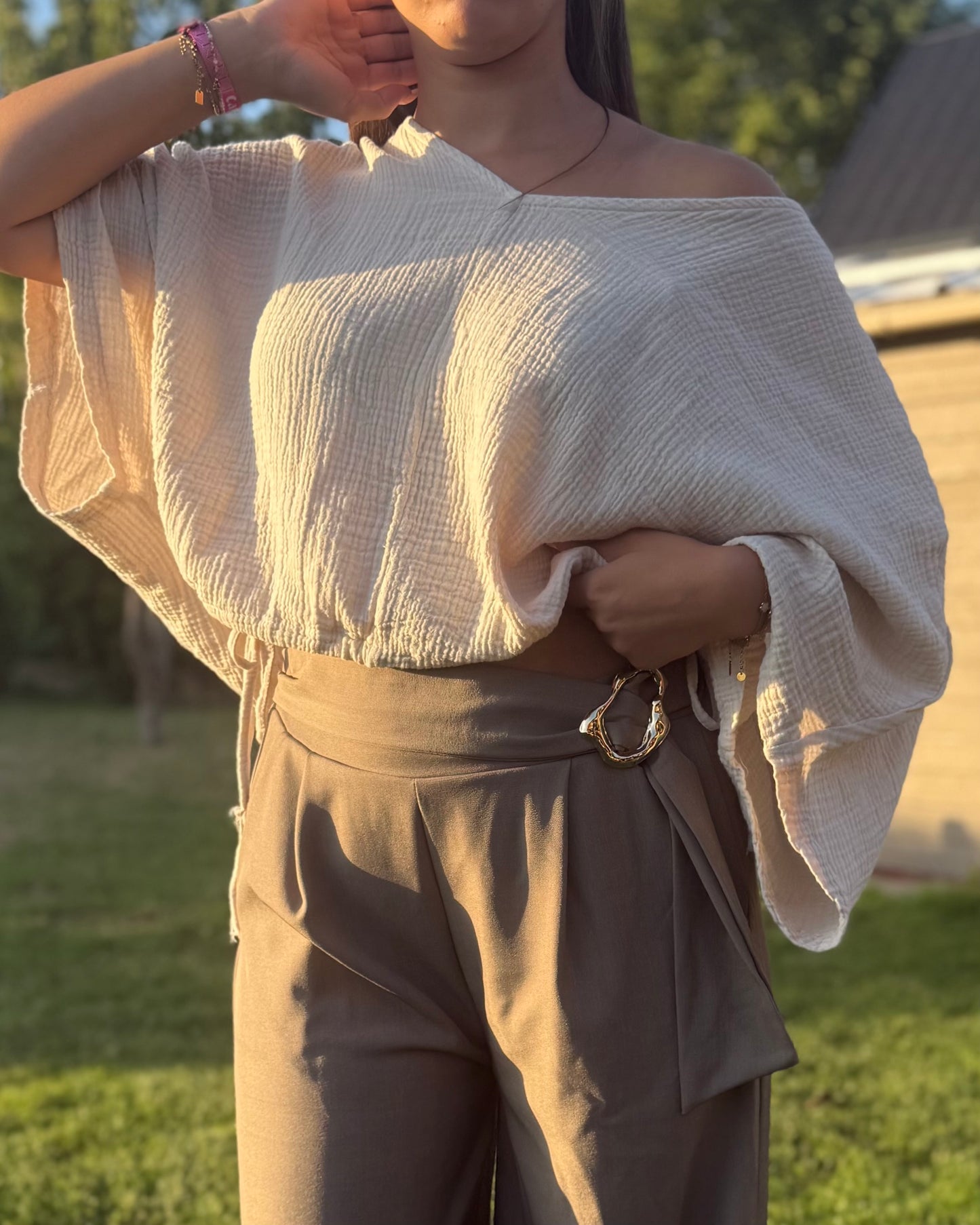 Haut chauve souris gaze de coton beige