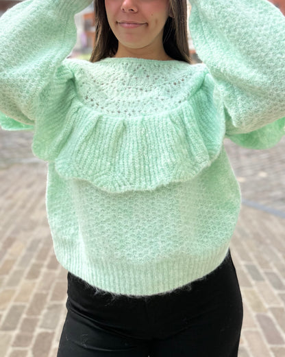 Pull turquoise avec volants