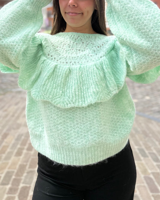 Pull turquoise avec volants