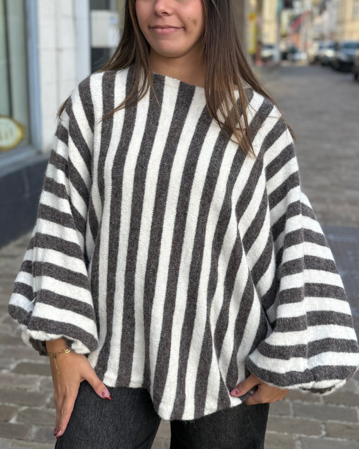 Pull oversize chauve souris rayures taupe 36 à 50