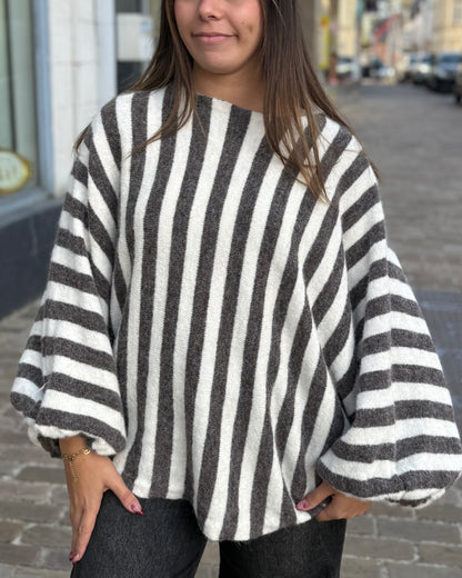 Pull oversize chauve souris rayures taupe 36 à 50