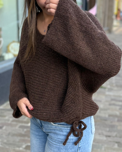 Pull chauve souris col V marron 34 à 44