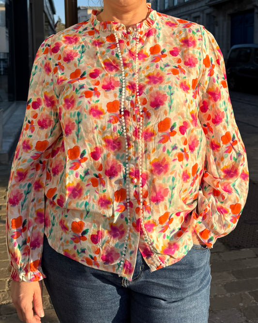 Chemisier femme à imprimé fleuri multicolore rose, orange et vert
