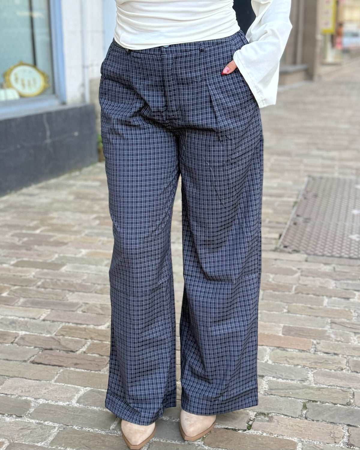 Pantalon marine fluide vichy