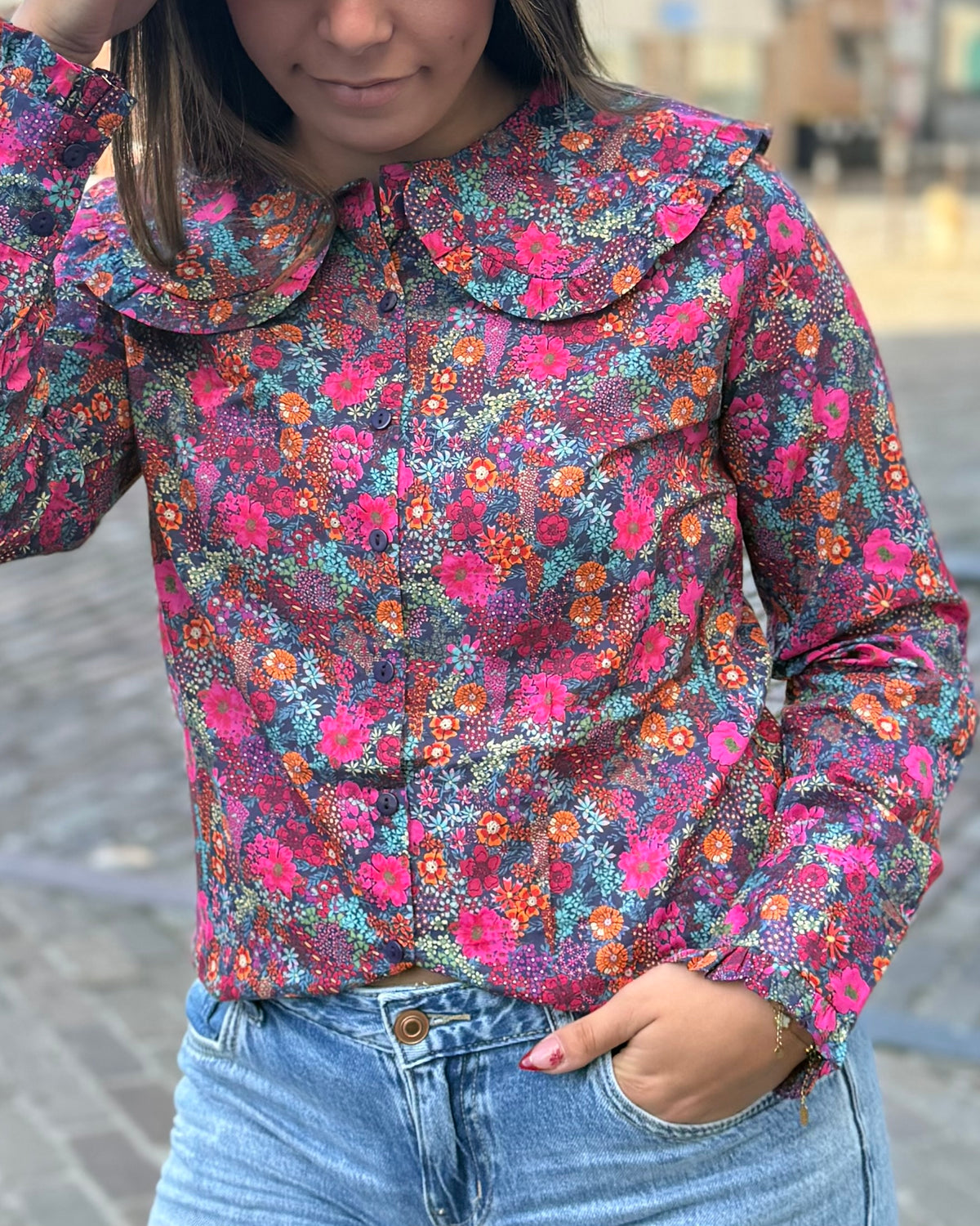 Chemise fleurie grand col multicolore