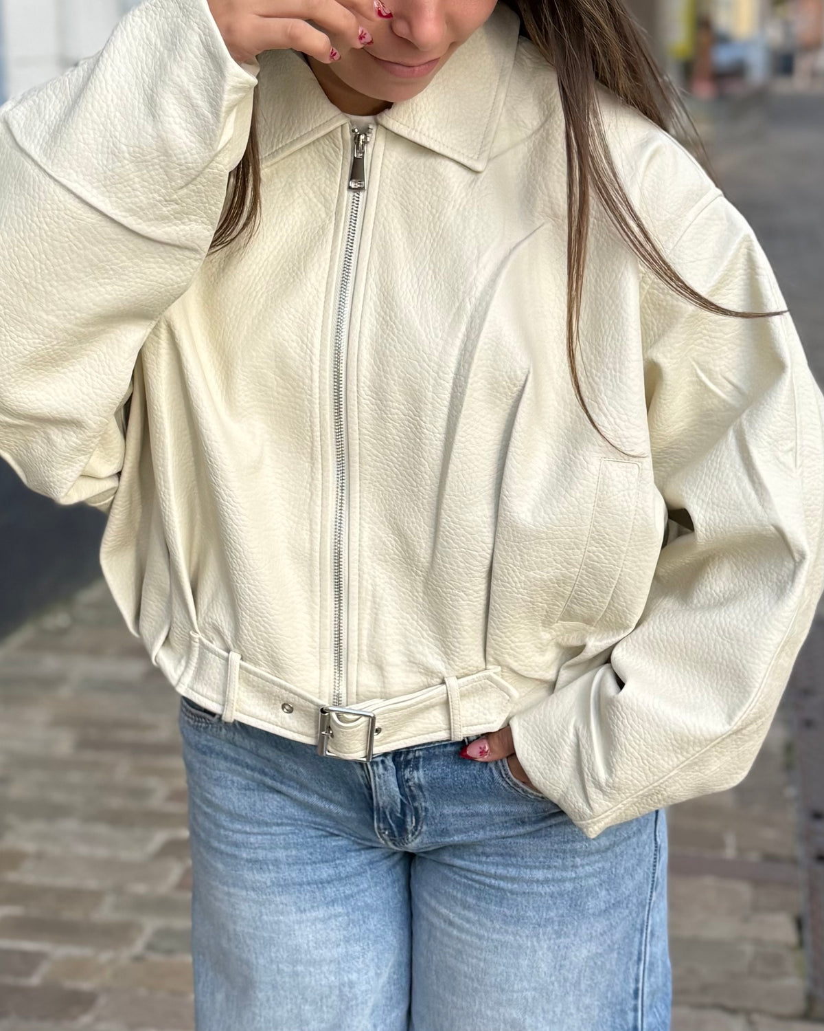 Bomber en simili cuir crème